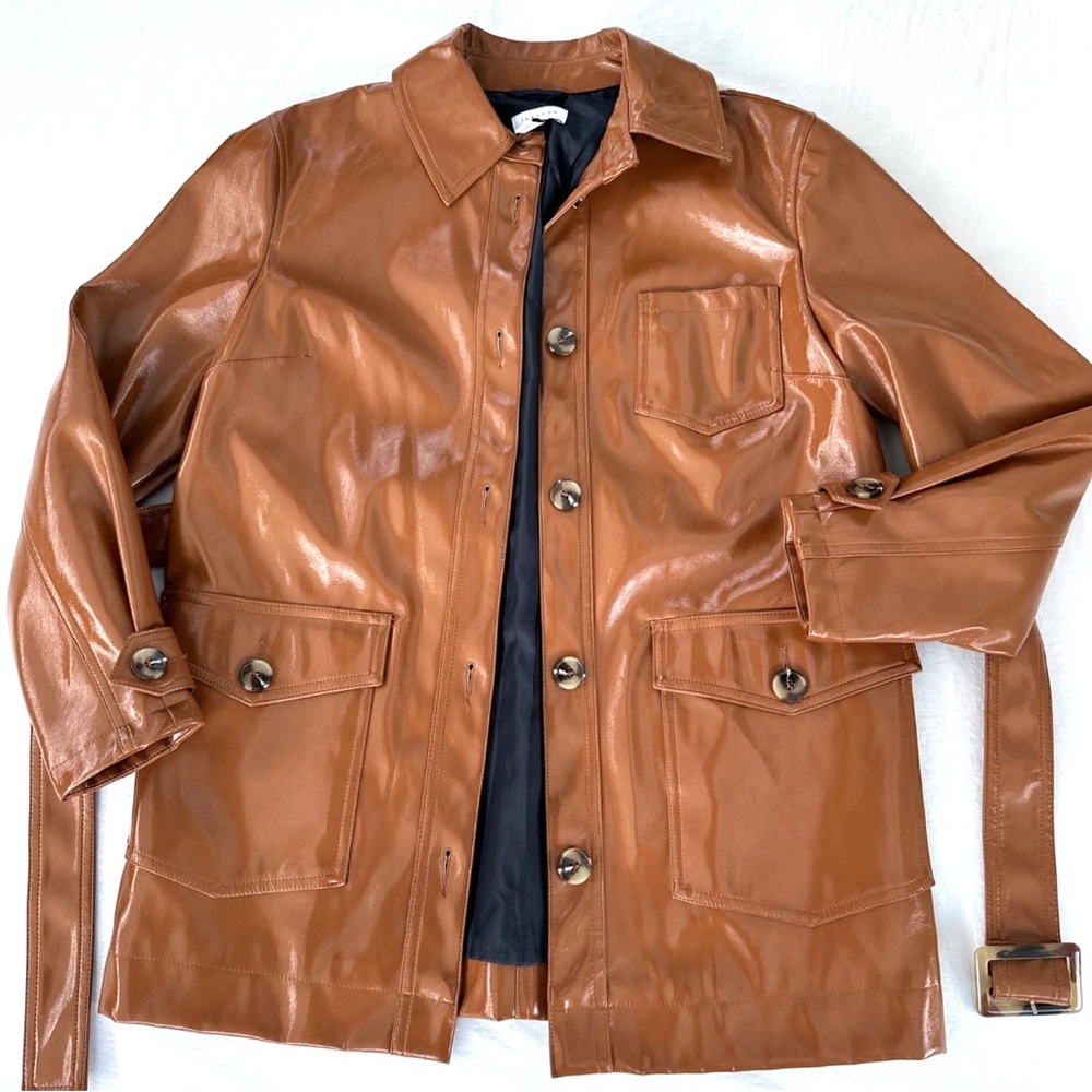 Topshop Women Casey Brown Belted Glossy High Impact Button Front Vegan Jacket - Picture 6 of 15